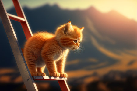 Curious kitten climbing the ladder in the mountains. Cute tiny cat on the stairway. Generated AI.の素材