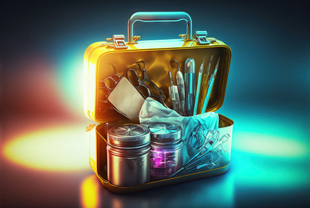 First aid kit with abstract box, medicines and supplies. Emergency health care equipment set. Generated AI.の素材