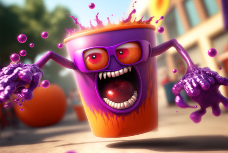 Funny monster juice. Cute glass of juice character with splashing fresh beverage. Generated AI.の素材