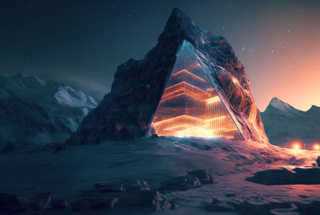 Glass architecture in the mountain landscape. Architectural abstraction combined with nature. Generated AIの素材