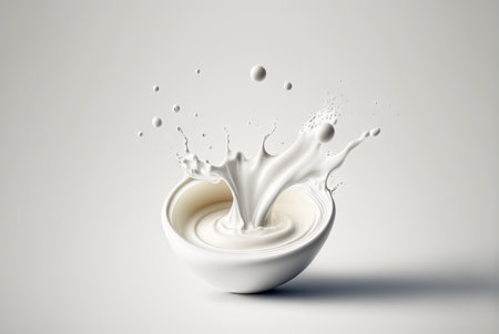 Milk splash with drops flying away. Splasj crown in the white milk. Generated AIの素材