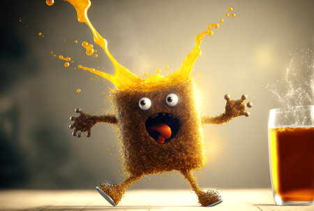 Funny monster juice. Cute glass of juice character with splashing fresh beverage. Generated AIの素材