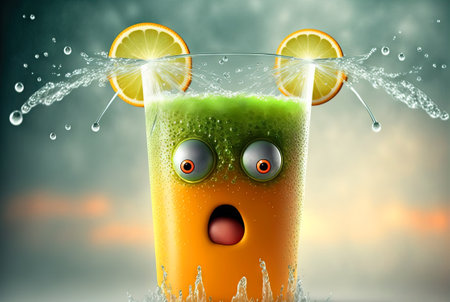 Funny monster juice. Cute glass of juice character with splashing fresh beverage. Generated AIの素材