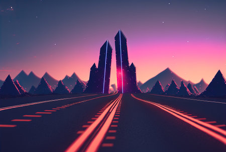 Road to the horizon concept with synthwave colors. Abstract background with surreal night way in 80s style. Generated AIの素材