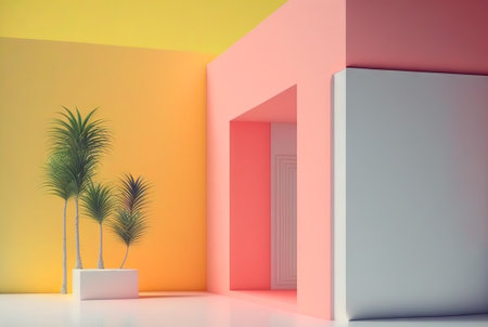 Abstract colorful interior with plants and minimalistic decorations. Vivid colored architectural background. Generated AIの素材