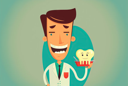 Funny dentist with tooth. Happy doctor smiling with all his teeth. Generated AIの素材