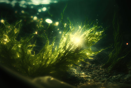 Seaweed on marine landscape. Wet grass on the coast with ocean or sea around. Generated AIの素材