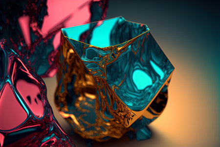Abstract background with free 3D golden shapes, flowing and melting in surreal motion. Soft splashing abstract forms background with blue and purple crystal inclusion. Generated AIの素材