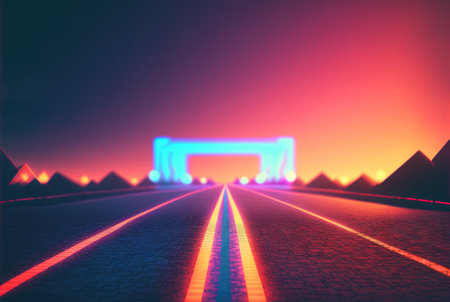 Road to the horizon concept with synthwave colors. Abstract background with surreal night way in 80s style. Generated AIの素材