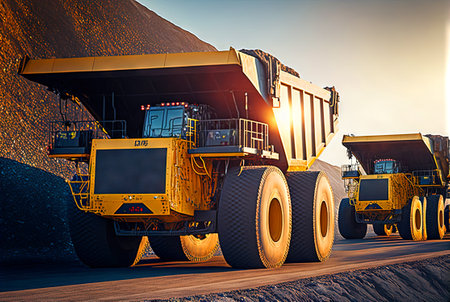 Dump truck for heavy industry mining. Ore or coal mining site with huge yellow vehicles. Industrial transport. Generated AIの素材