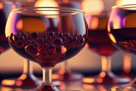 Club cocktails on the table with light. Colorful juicy drinks in glasses. Generated AIの素材