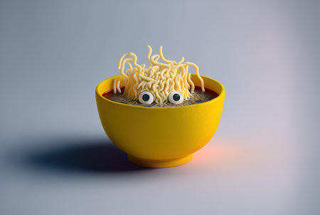 Funny monster spaghetti. Cute pasta, noodle or ramen character with crazy funny face. Generated AIの素材