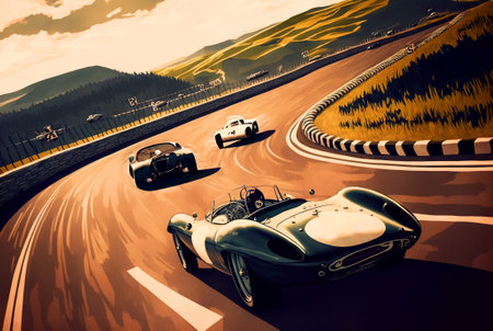 Racing car on the track. Outdoor race with fast cars making speed laps. Generated AIの素材