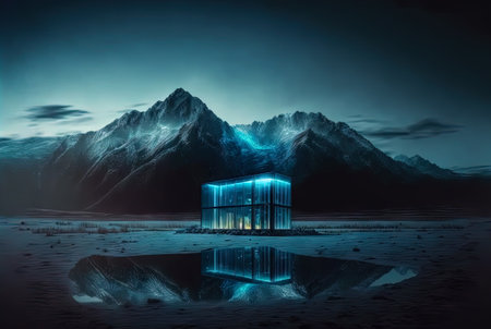 Glass architecture in the mountain landscape. Architectural abstraction combined with nature. Generated AIの素材
