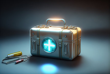 First aid kit with abstract box, medicines and supplies. Emergency health care equipment set. Generated AIの素材