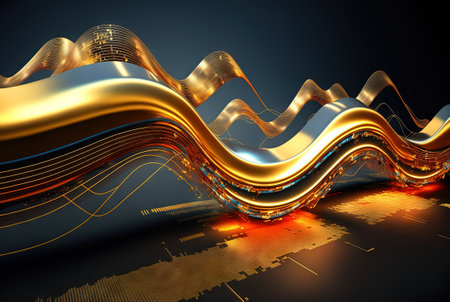 Technology abstract with shiny data wave flow. Science concept with glowing wires connected on futuristic background. Generated AIの素材