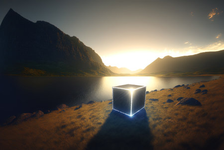 Mysterious glass cube on the natural landscape. Shiny mystic geometric object on abstract background. Generated AI.の素材