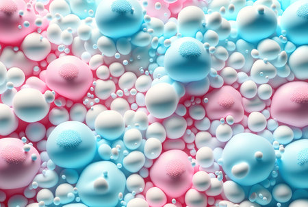 Abstract foam clouds with splashing forms and drops. Colorful foam cloud background. Generated AI.の素材