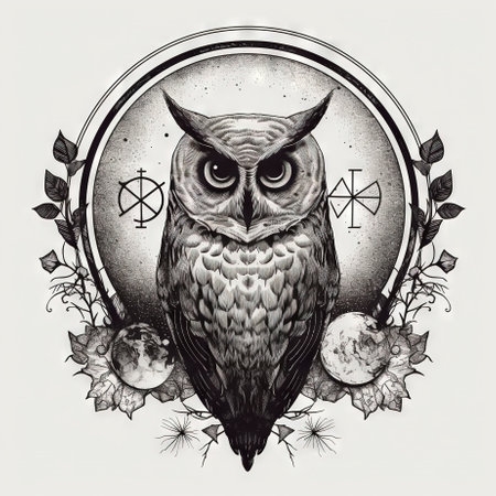 Wild owl with mystic design elements. Occult wise bird black and white symbol in vintage style. Generated AIの素材