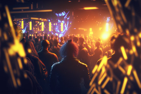 Party people on the show. Night club with lights and dancing people. Party crowd. Generated AI.の素材