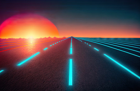 Road to the horizon concept with synthwave colors. Abstract background with surreal night way in 80s style. Generated AI.の素材