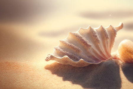 Surreal shell on the beach. Abstract clam with filigree shape on the sand. Generated AI.の素材