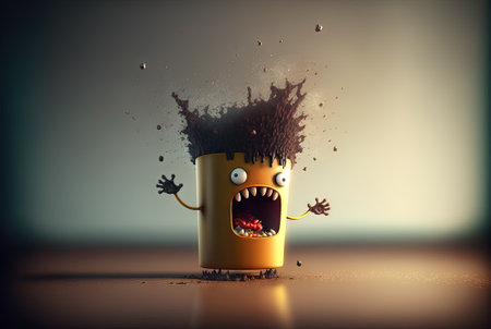Coffee monster with crazy eyes. Cute character with caffeine energy, very excited. Generated AIの素材