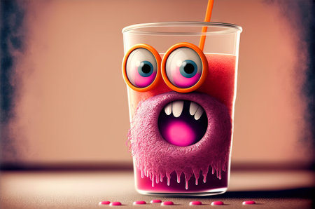 Funny monster juice. Cute glass of juice character with splashing fresh beverage. Generated AIの素材
