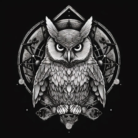 Wild owl with mystic design elements. Occult wise bird black and white symbol in vintage style. Generated AI.の素材