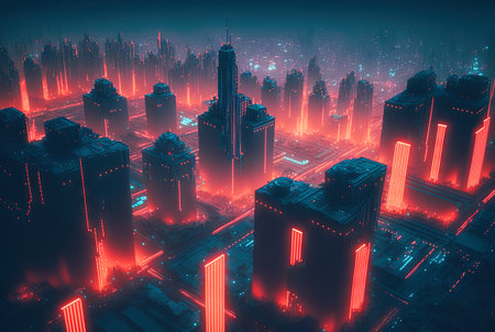 Abstract neon city aerial view. Technology concept of night cityscape with blue lights in synthwave style. Generated AIの素材