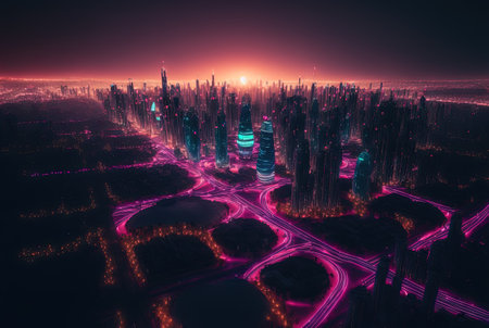 Abstract neon city aerial view. Technology concept of night cityscape with blue lights in synthwave style. Generated AIの素材