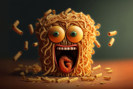 Funny monster spaghetti. Cute pasta, noodle or ramen character with crazy funny face. Generated AIの素材