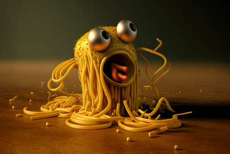 Funny monster spaghetti. Cute pasta, noodle or ramen character with crazy funny face. Generated AIの素材