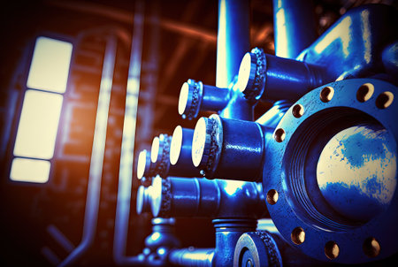Background with shiny factory pipes. Industrial pipeline communications, technology abstract. Generated AI.の素材