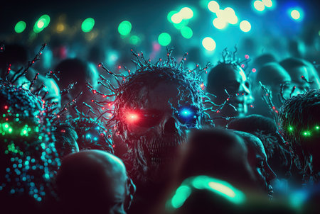 Zombies with scary faces in the crowd during the zombie apocalypse. Horror theme for Halloween or game party ad. Generated AI.の素材