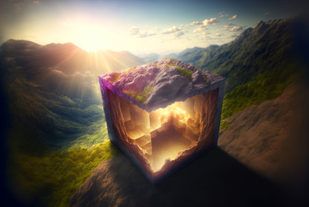 Mysterious glass cube on the natural landscape. Shiny mystic geometric object on abstract background. Generated AI.の素材