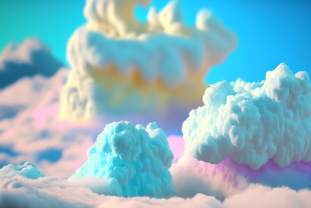 Abstract foam clouds with splashing forms and drops. Colorful foam cloud background. Generated AI.の素材