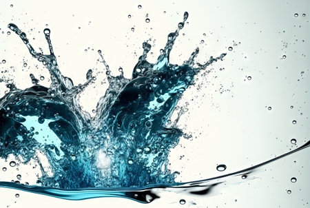 Water splash with beautiful drops flying away. Liquid motion background. Generated AI.の素材