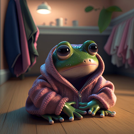 Frog in pink knitted sweater relaxing at home. Funny green frog in cozy clothes, self care concept. Generative AIの素材