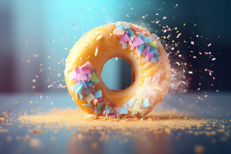 Donut expressive shot with topping and sugar powder splash. Tasty donut food styling image. Generative AI.の素材