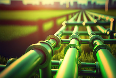Background with shiny factory pipes. Industrial pipeline communications, technology abstract. Generated AI.の素材