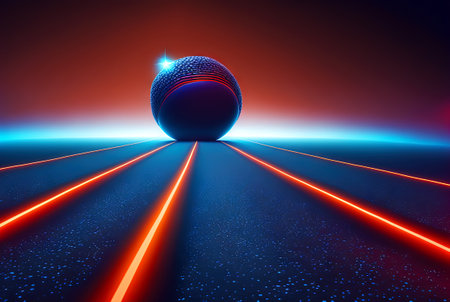 Road to the horizon concept with synthwave colors. Abstract background with surreal night way in 80s style. Generated AI.の素材