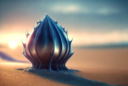 Abstract fantasy shell on the beach. Surreal seashell on the alien planet landscape. Generated AIの素材