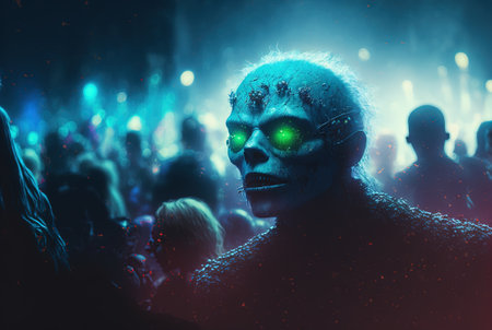 Zombies with scary faces in the crowd during the zombie apocalypse. Horror theme for Halloween or game party ad. Generated AI.の素材