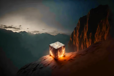 Mysterious glass cube on the natural landscape. Shiny mystic geometric object on abstract background. Generated AI.の素材