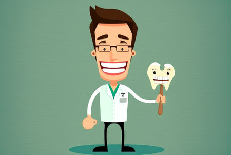 Funny dentist with tooth. Happy doctor smiling with all his teeth. Generated AI.の素材
