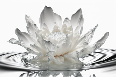 Flower in splashing water. Floral freshness concept with water drops for cosmetic, moisture and self-care packaging. Generated AI.の素材