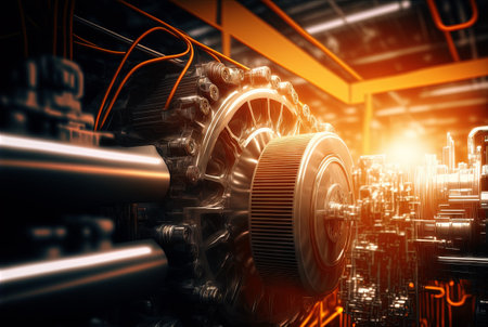 Industrial abstract background with machinery details. Shiny metal equipment concept. Generated AI.の素材