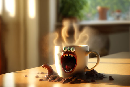 Coffee monster with crazy eyes. Cute character with caffeine energy, very excited. Generated AI.の素材