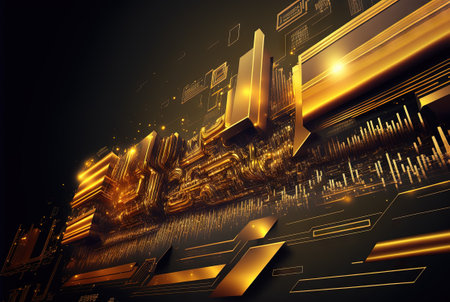 Abstract science and technology background with shiny connection elements and sci-fi intefrace. Tech abstraction wallpaper. Generated AI.の素材